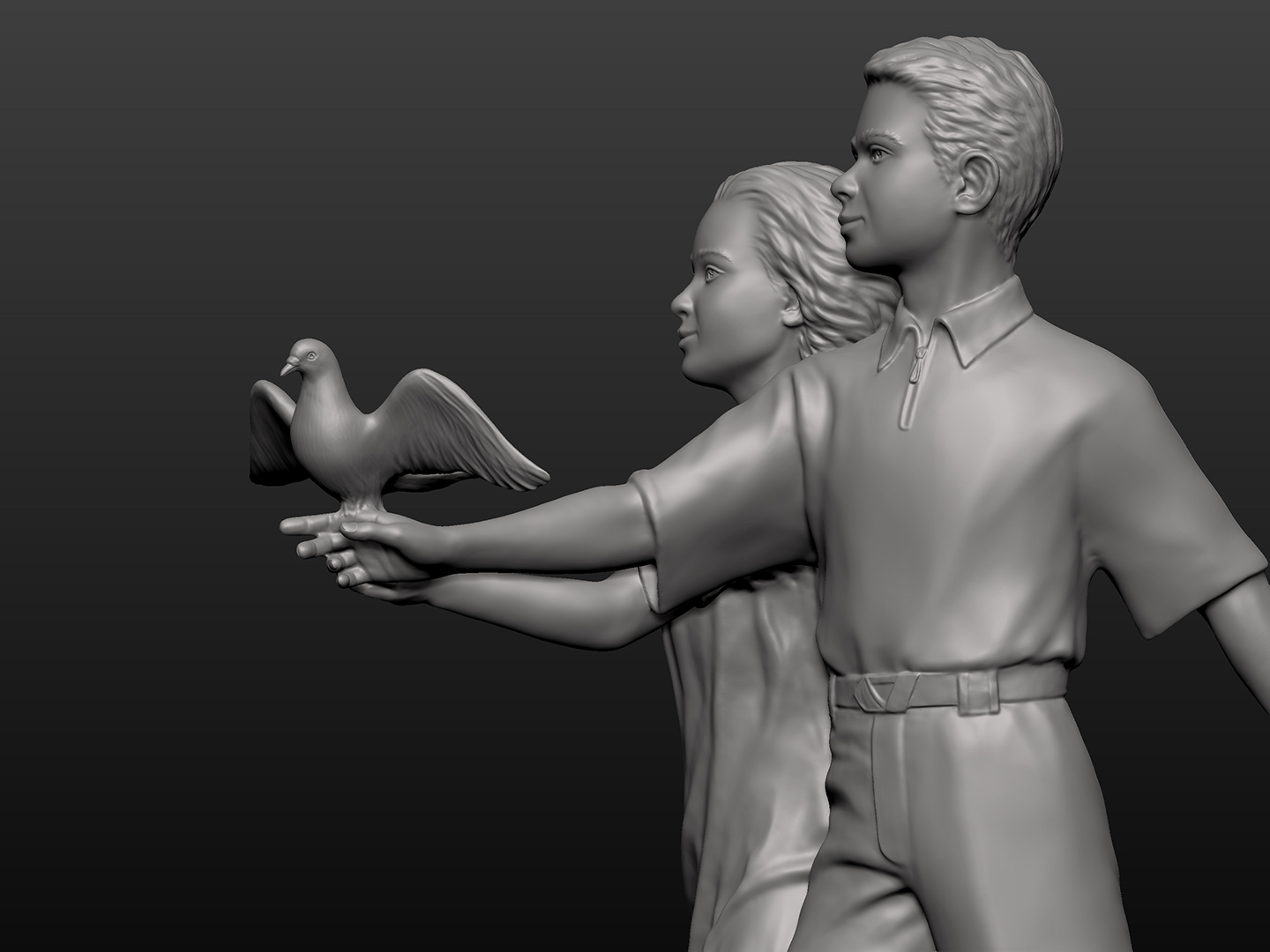 Sculpture of a Boy and Girl with a Dove. Park Sculpture. Sculptor Sergiy Yurchenko.