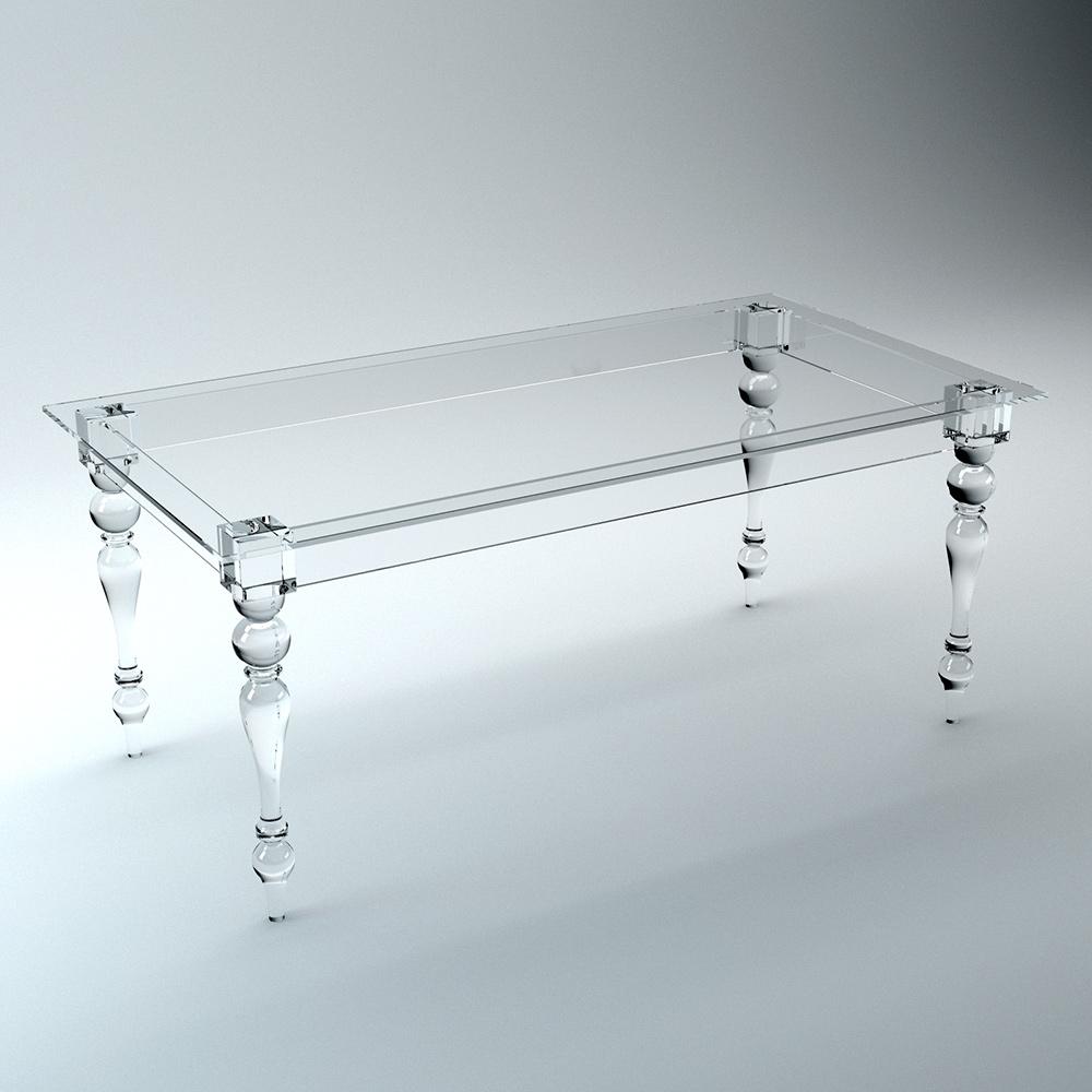 Transparent acrylic table with sculptural acrylic legs shown in a photorealistic 3D render, demonstrating furniture design, realistic materials, and product visualization.