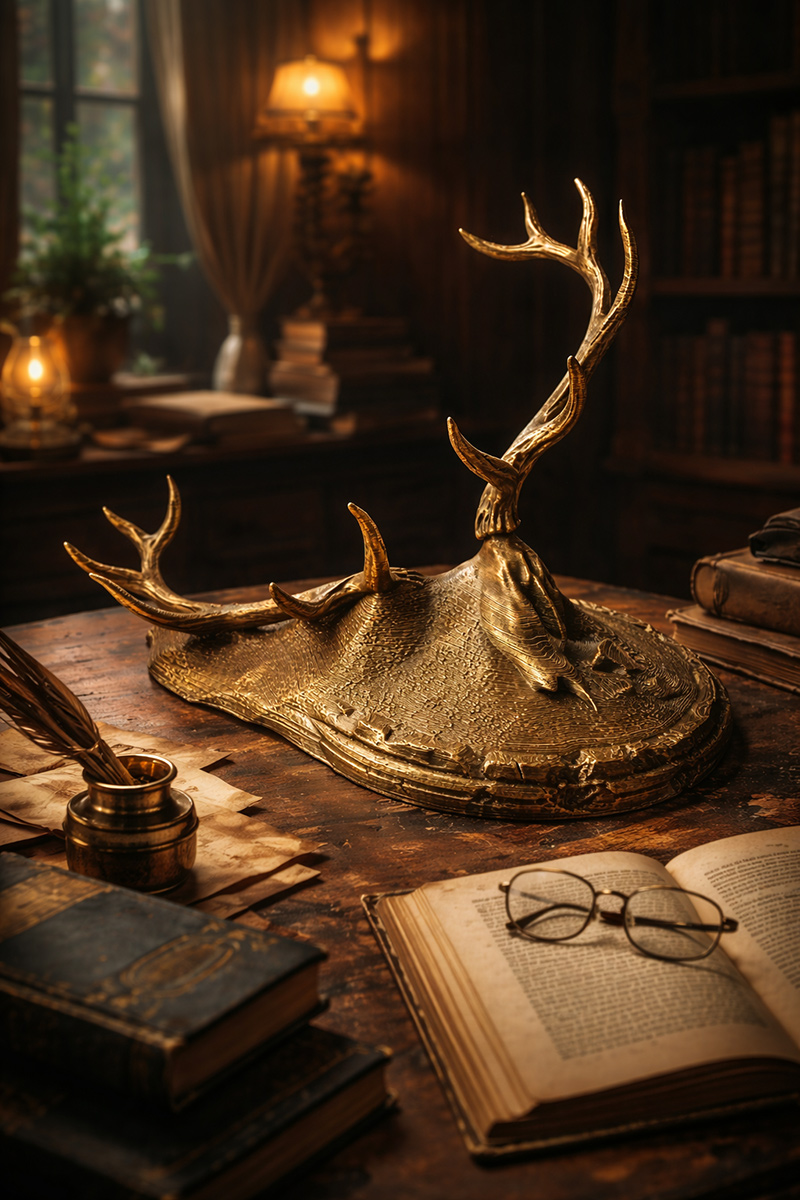 antler skull sculpture in dark academia interior with books