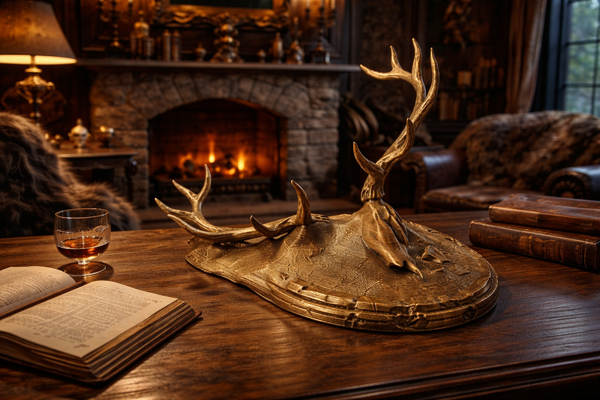 antler skull sculpture in dark rustic interior fireplace setting