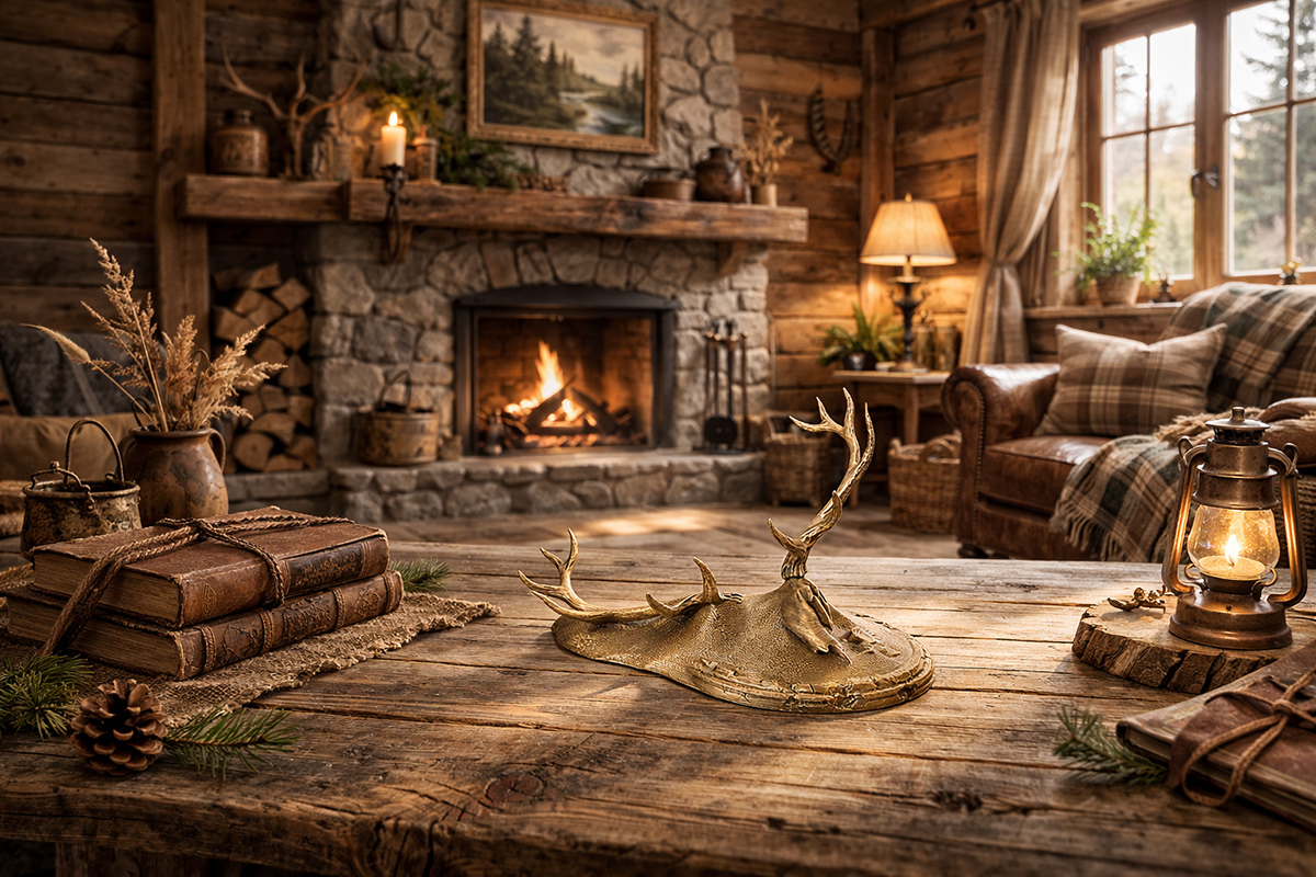antler skull sculpture in rustic cabin interior wooden setting