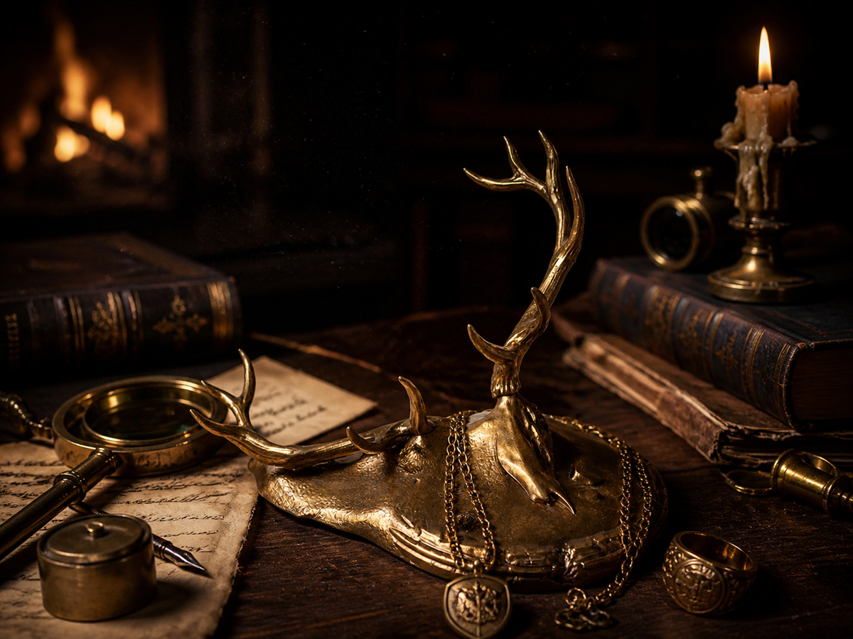 Elk skull antler jewelry holder with rings and necklaces on dark academia desk with candles, books, and ink bottle
