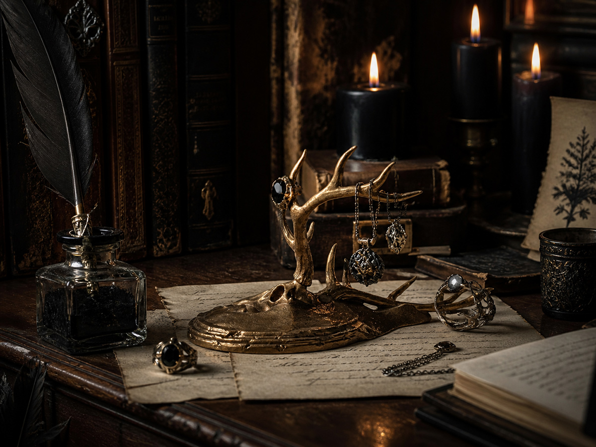Bronze elk antler skull jewelry holder displaying rings and pendants in dark vintage study interior