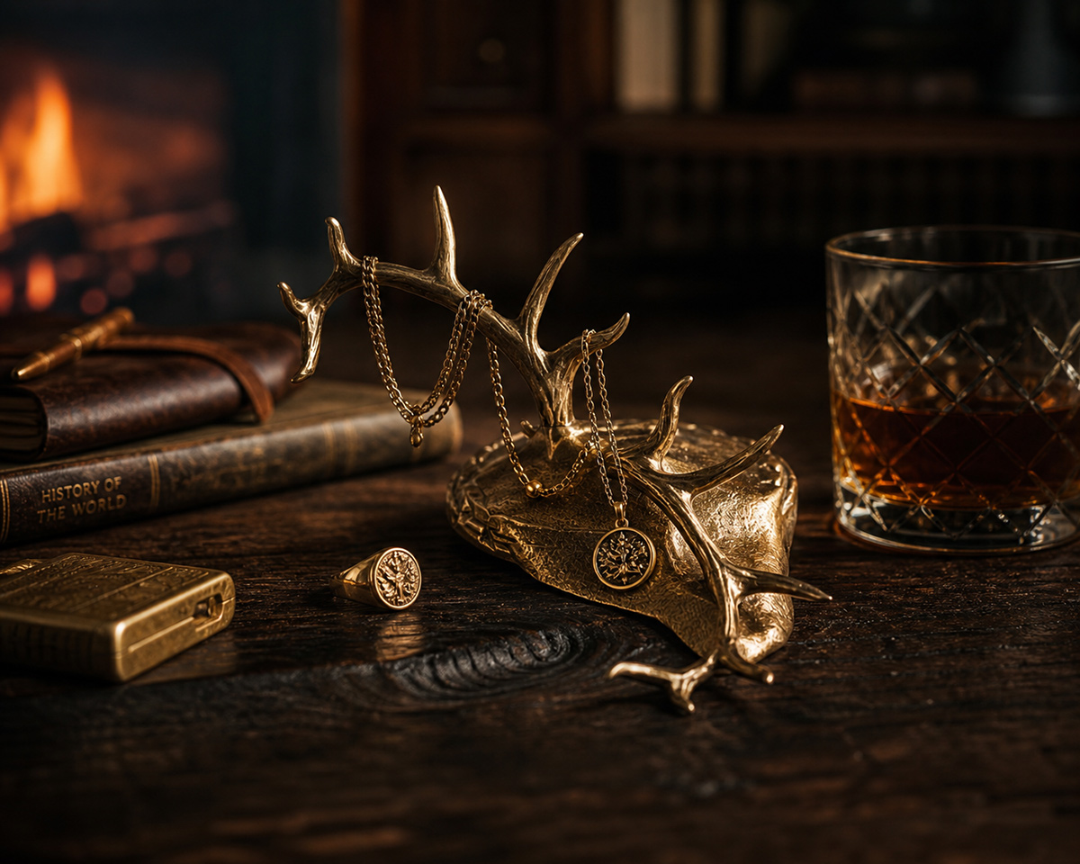 Antler jewelry holder with chains and rings on wooden table with whiskey glass in warm rustic interior
