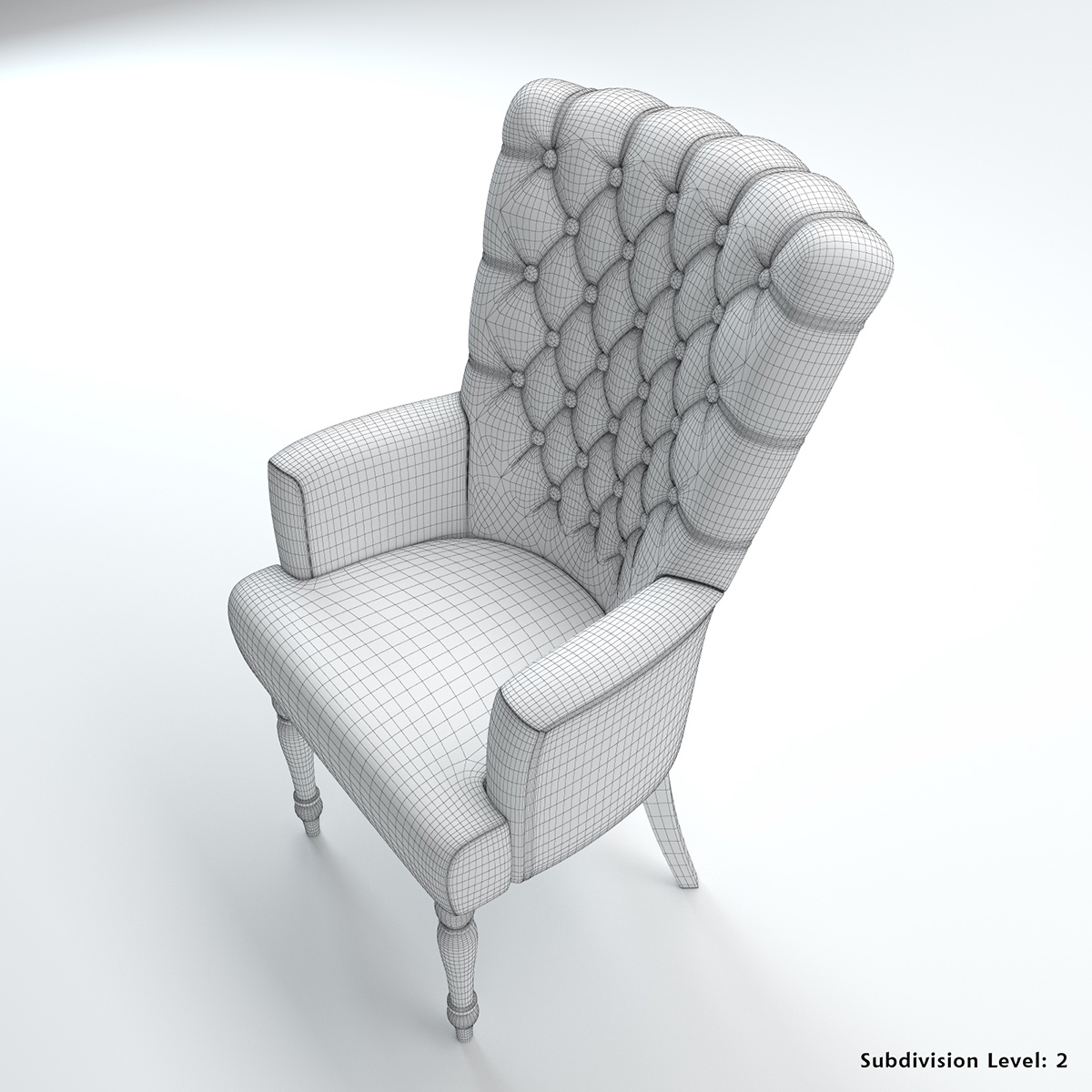 wireframe view of upholstered armchair showing polygonal structure and modeling precision