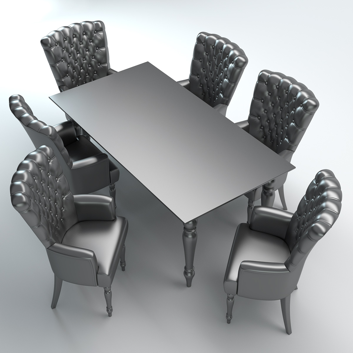 3D surface model of a tufted dining furniture set featuring six upholstered armchairs and a dining table, shown with a neutral gray shader to highlight geometry, surface quality, and production-ready modeling.