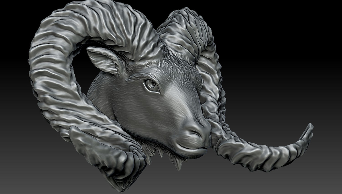 Stylized ram head sculpture with sweeping horns, angled view highlighting surface detail and dynamic horn movement