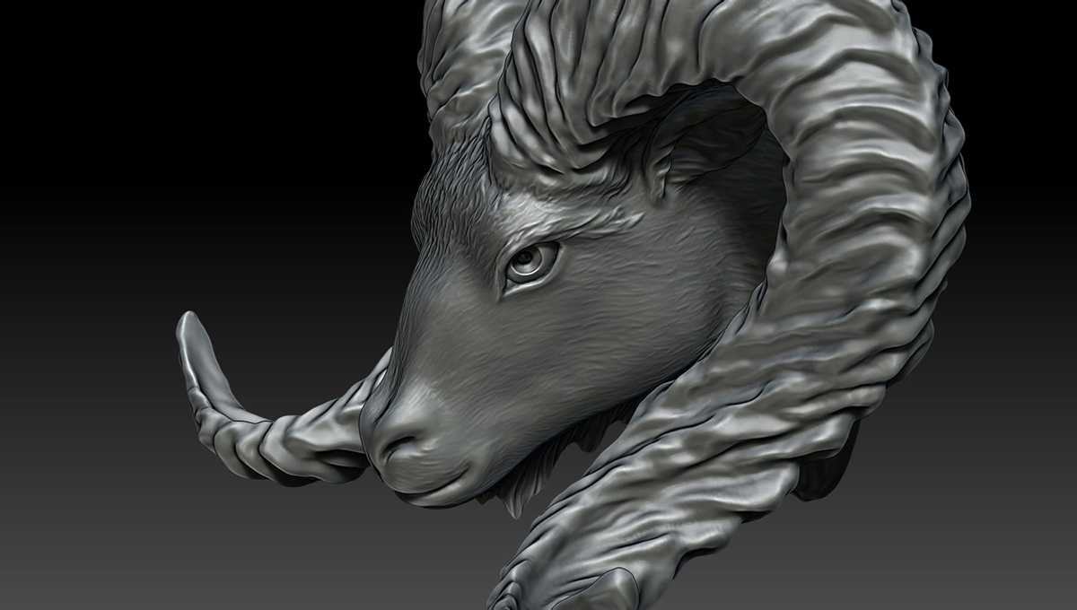 Side view of ram head digital sculpture emphasizing elongated horn curvature and refined anatomical interpretation