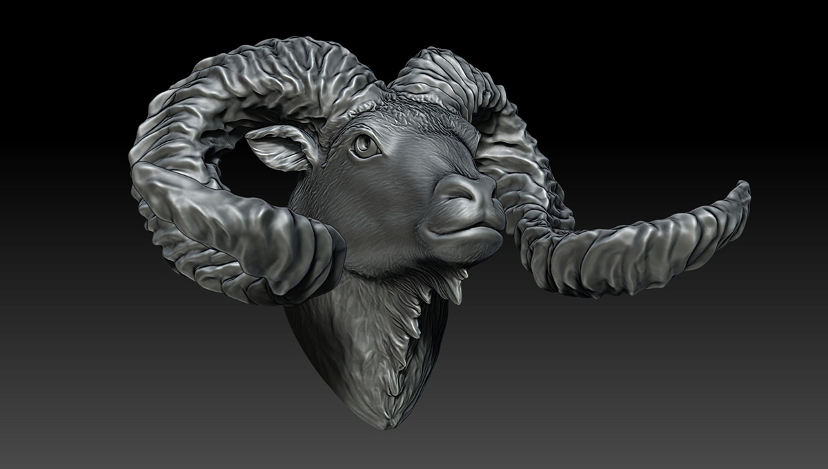 Ram head sculpture from low angled perspective highlighting volume, structure, and expressive horn flow