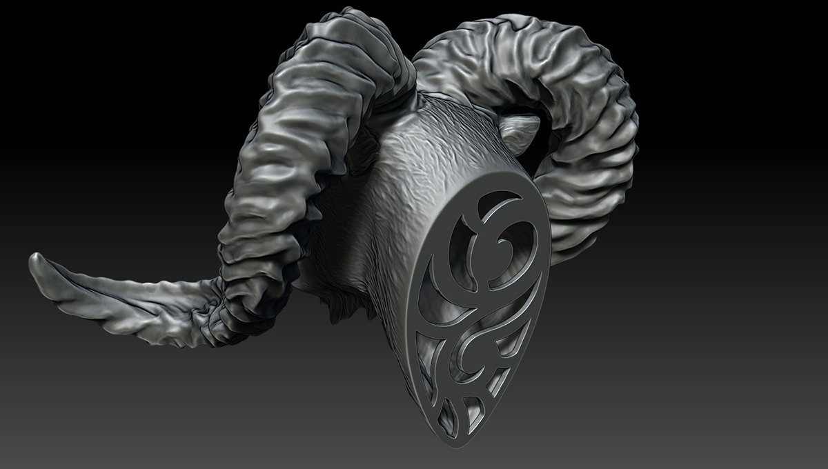 Back view of ram head sculpture revealing ornamental rear structure and sculptural mounting design