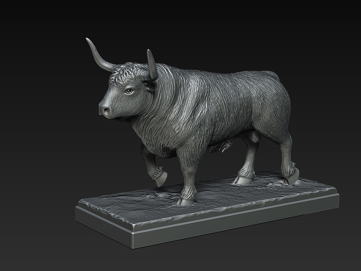 bull sculpture digital render, front view, calm and grounded stance, author study of strength and balance