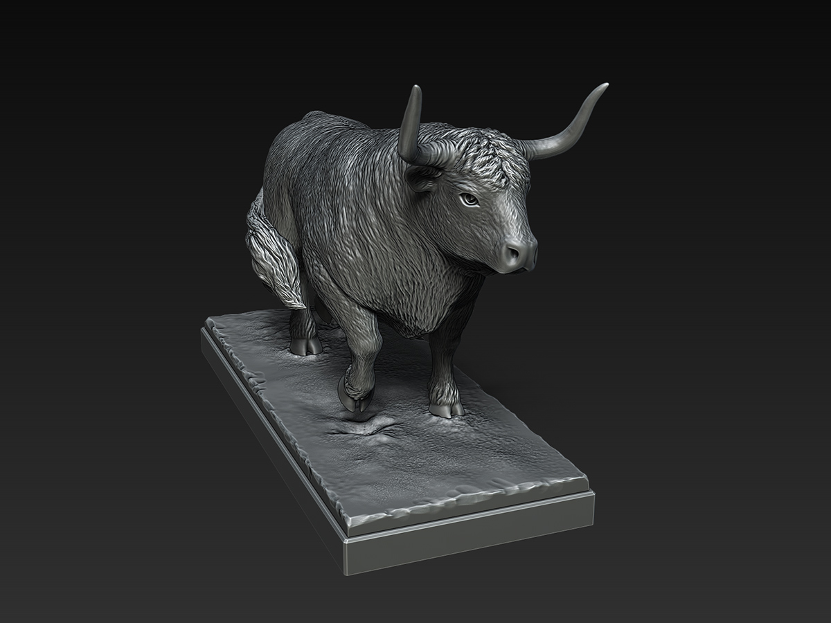 bull sculpture digital model, three-quarter view, detailed anatomy and controlled posture, sculptural work