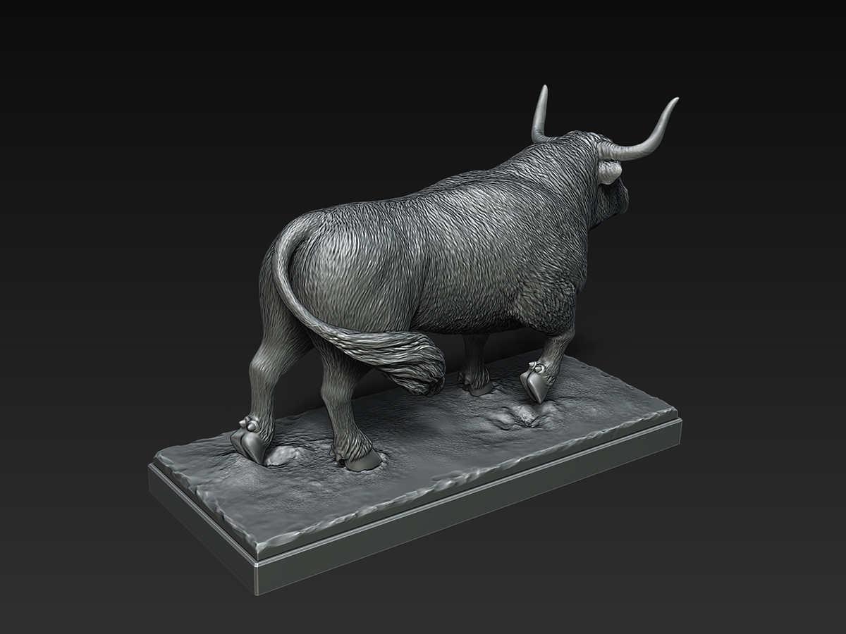 bull sculpture rear view, emphasis on mass and physical structure, animal form expressing presence