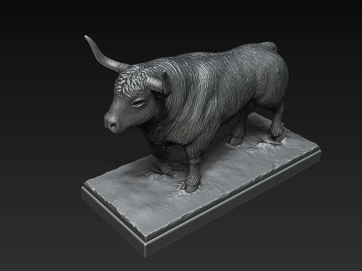 bull sculpture side view, balanced proportions and stable stance, fine art animal sculpture
