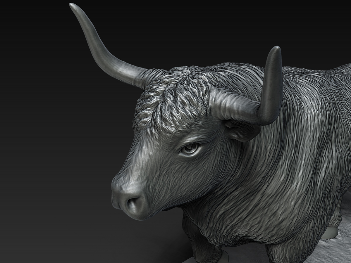 bull head sculpture close-up, focused gaze and textured surface, expression of calm power