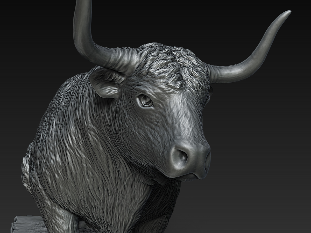 detailed bull sculpture head, horns and facial structure, character and tension in animal form