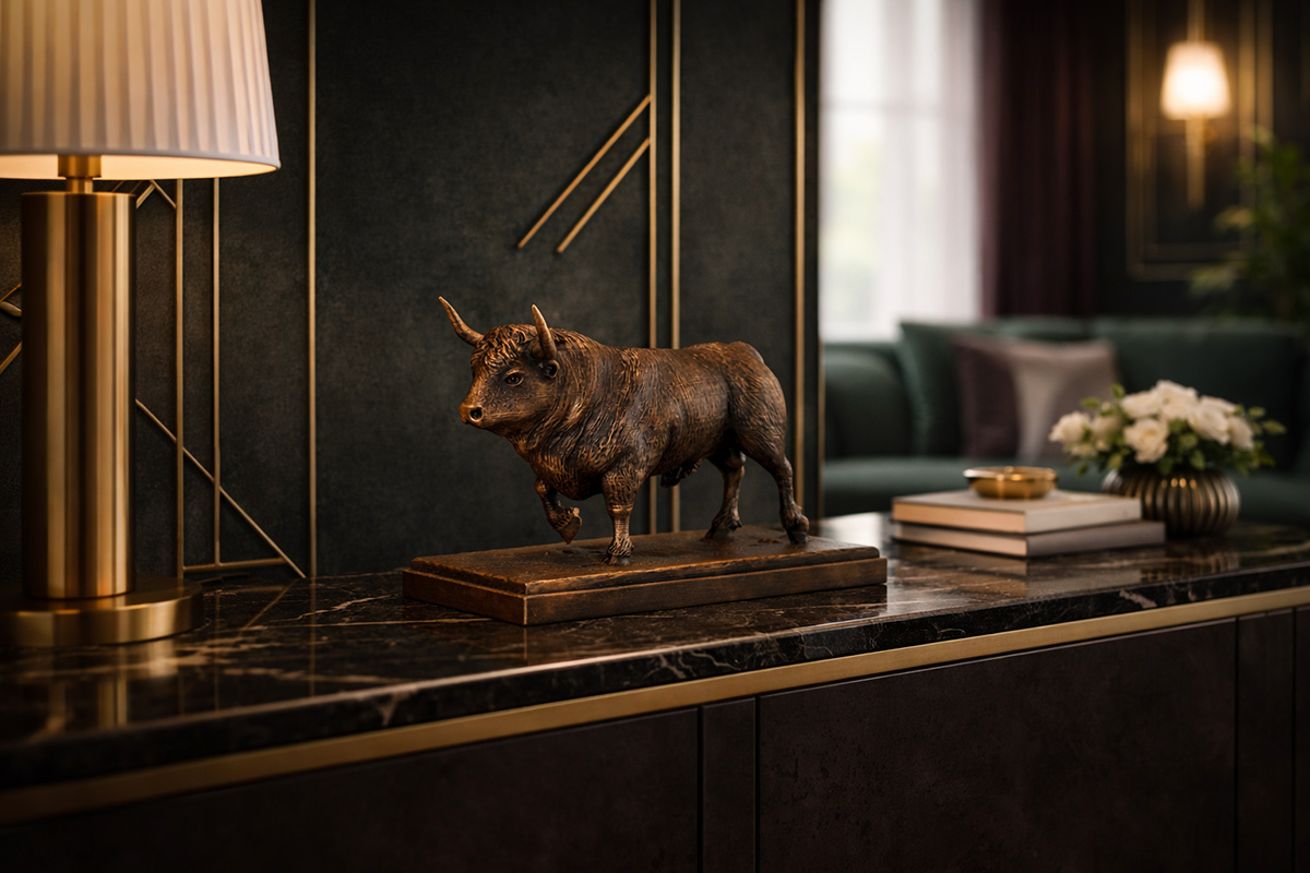bull sculpture in interior setting, placed on console table, warm lighting and decorative context