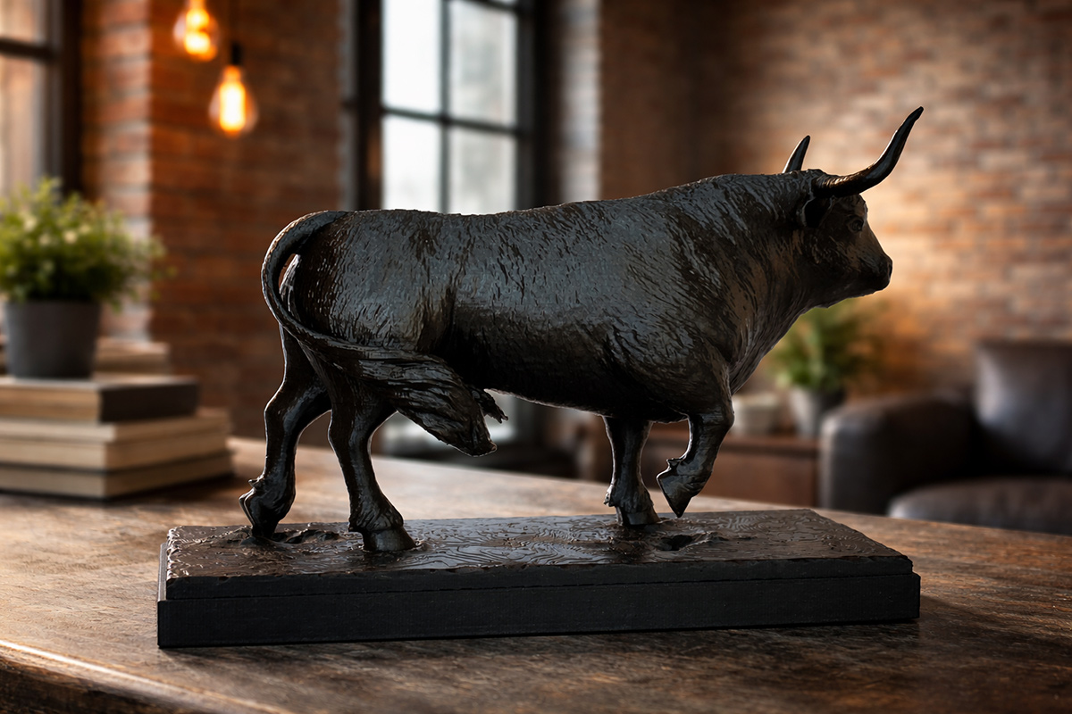 bull sculpture in modern interior, shelf placement, integration with books and objects