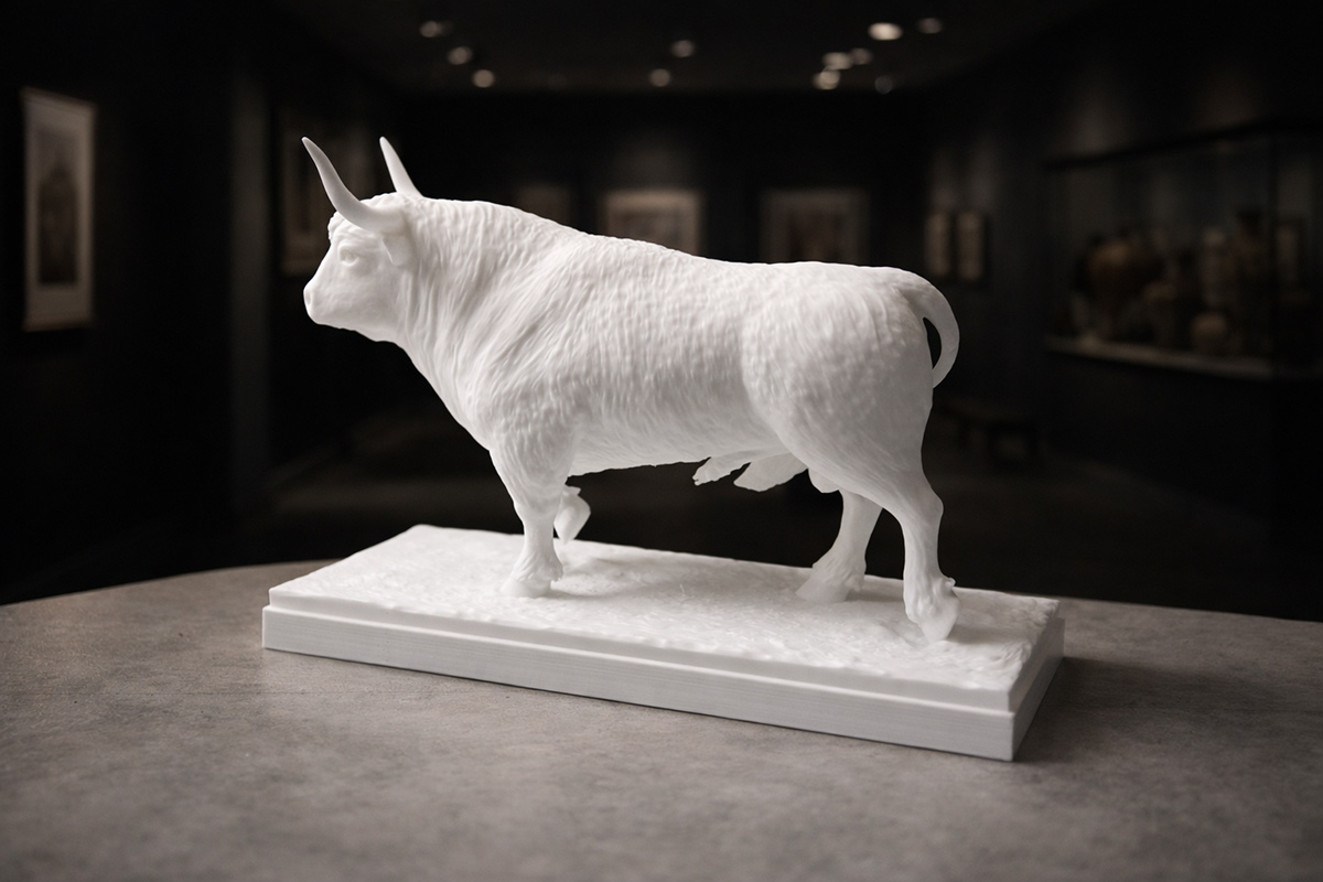 dark bull sculpture in contemporary room, wooden furniture and natural tones