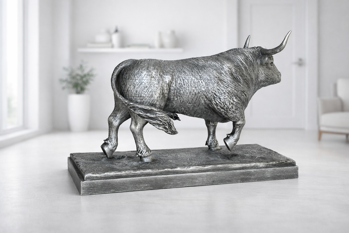 white bull sculpture in minimal interior space, soft lighting and gallery-like atmosphere