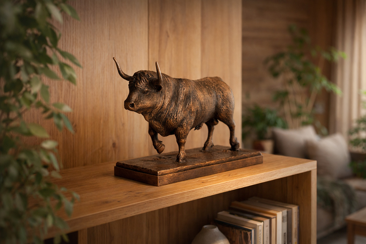 bull sculpture displayed on shelf, interior styling example, sculptural accent object