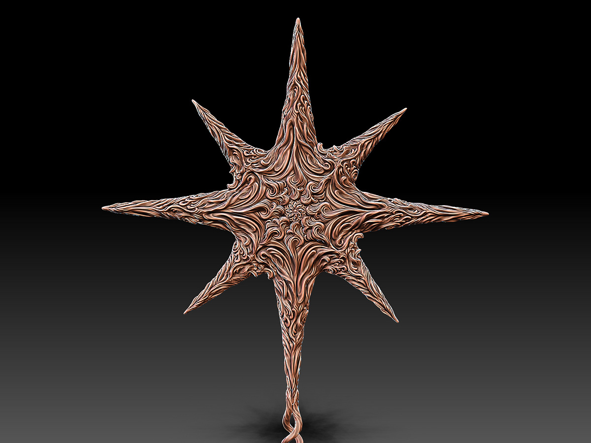 mystical star sculptural form with flowing frost-like surface patterns and organic radial structure
