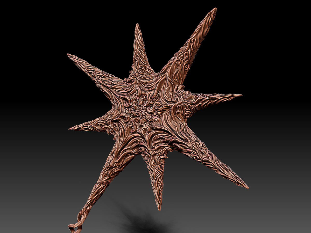 digital sculpture of star form showing flowing line patterns and asymmetrical surface development