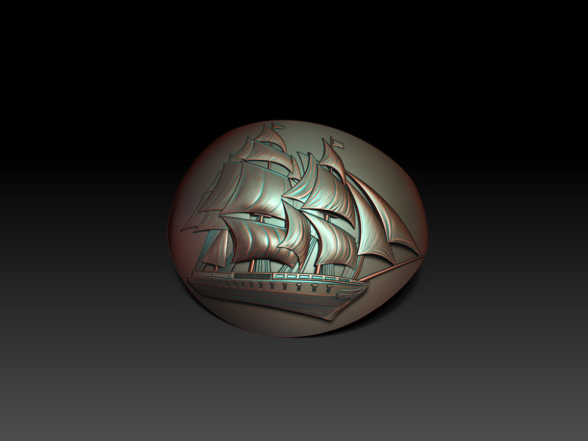 Front view of a decorative carpet door stopper displaying the nautical sailing ship bas-relief and sculptural detailing.