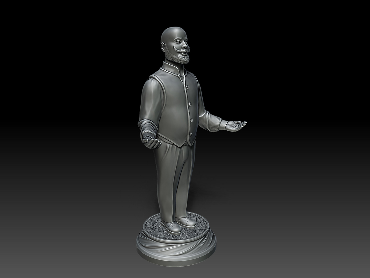 Digital sculpture of the Fancy Houseman, full-figure character with a welcoming gesture, standing on a decorative base, detailed sculptural form