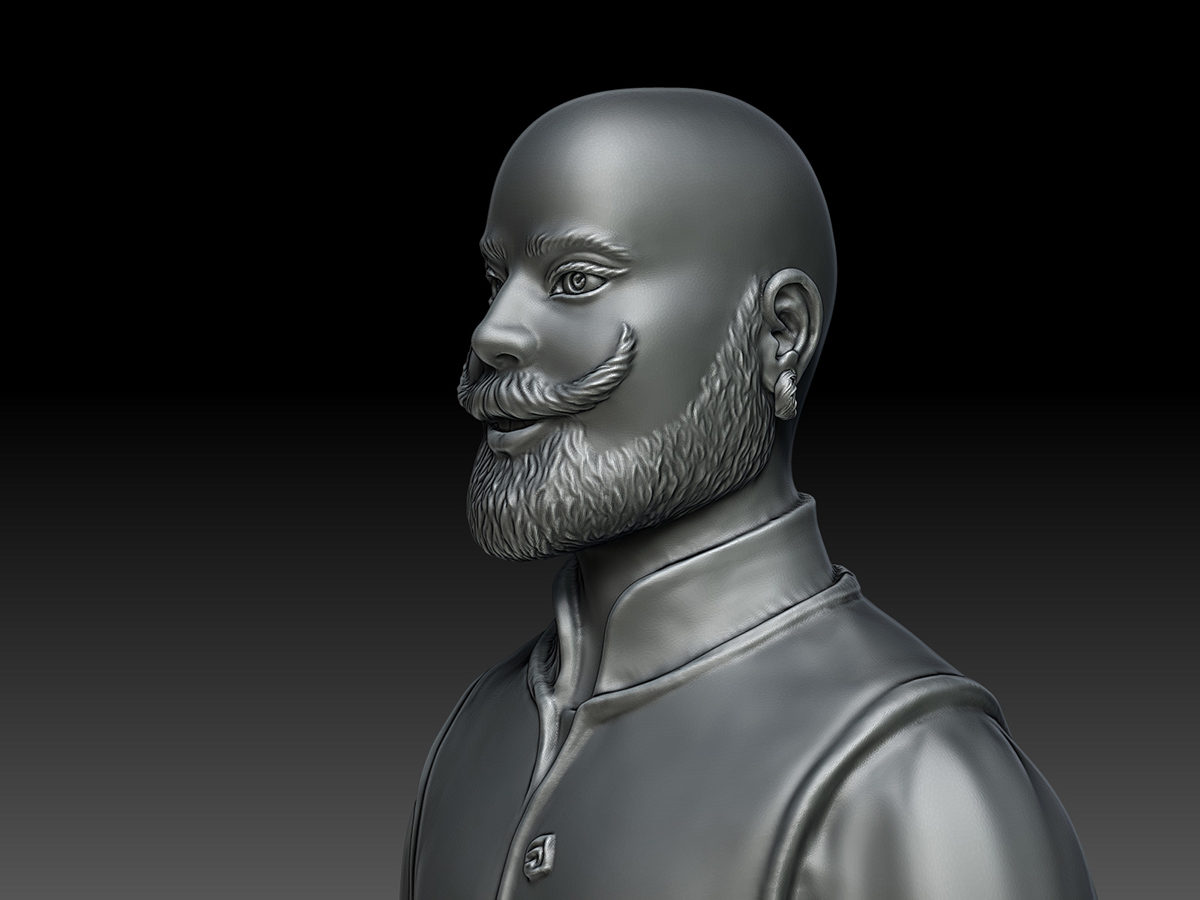 Close-up digital sculpt of the Fancy Houseman, refined facial features and stylized beard, character-focused sculptural detail