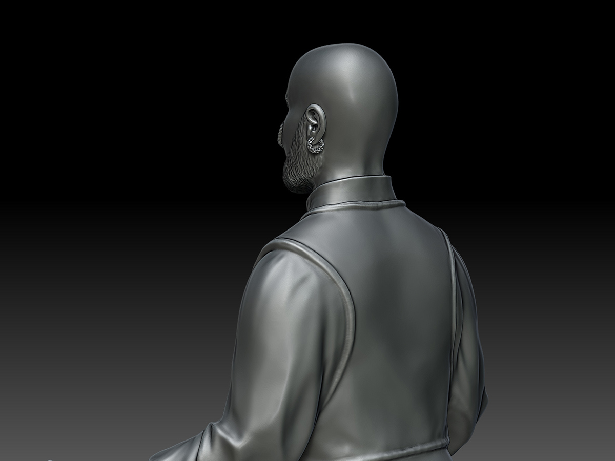 Back view of the Fancy Houseman digital sculpture, showing clothing folds and clean sculptural form
