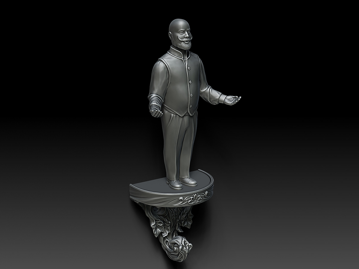 Digital sculpture of the Fancy Houseman on a wall-mounted decorative base, early concept of a sculptural wall object
