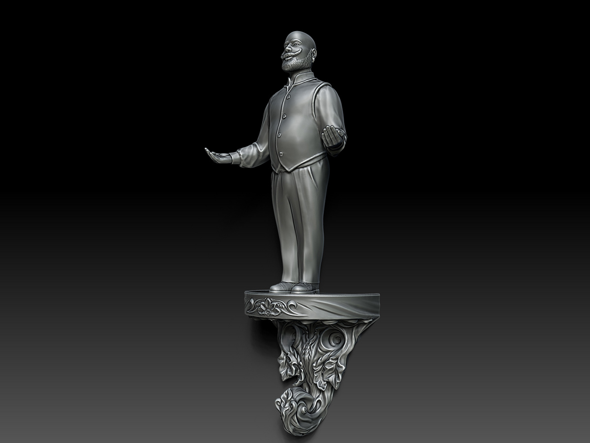 Alternative view of the Fancy Houseman wall-mounted sculpture concept, character standing on an ornate sculptural support