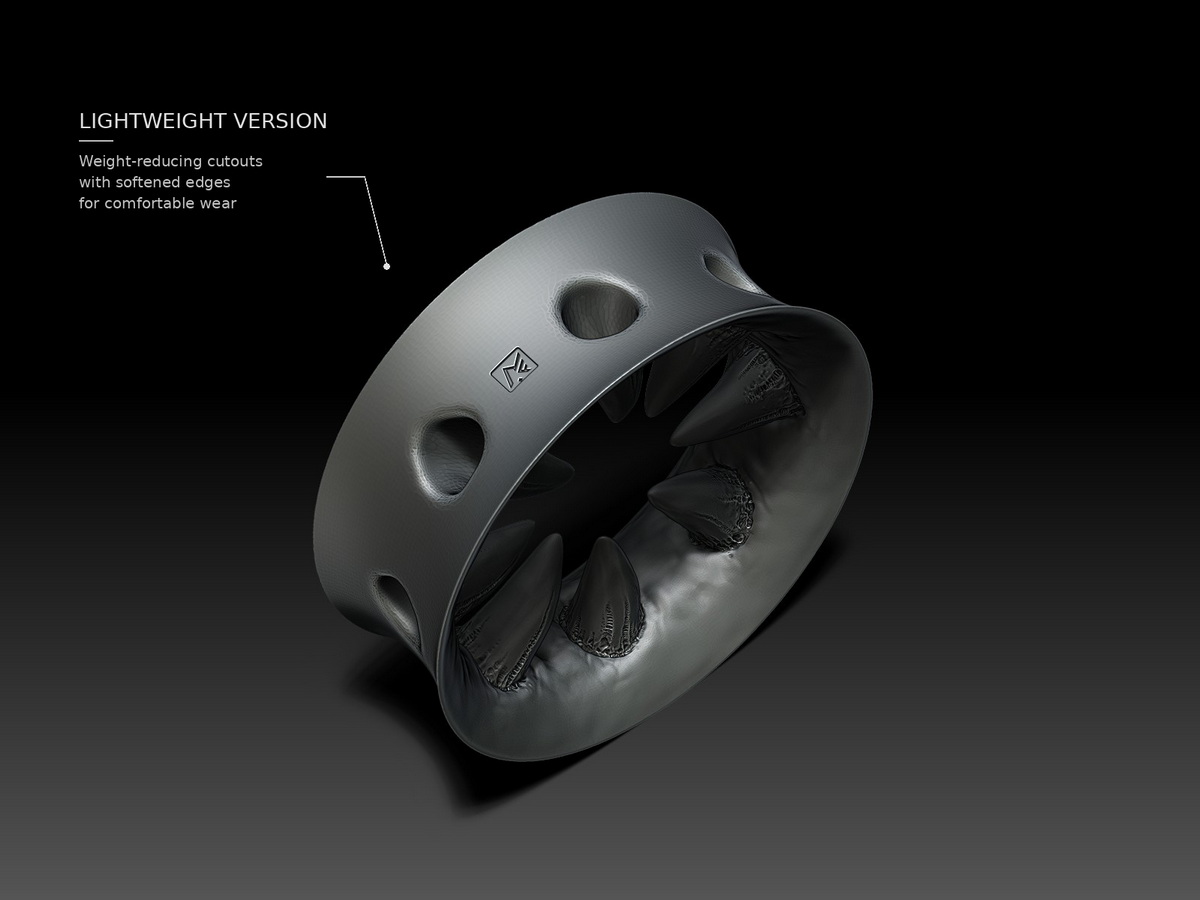Lightweight version of the fanged ear tunnel with weight-reducing cutouts and softened edges, developed to reduce weight while maintaining the sculptural form.