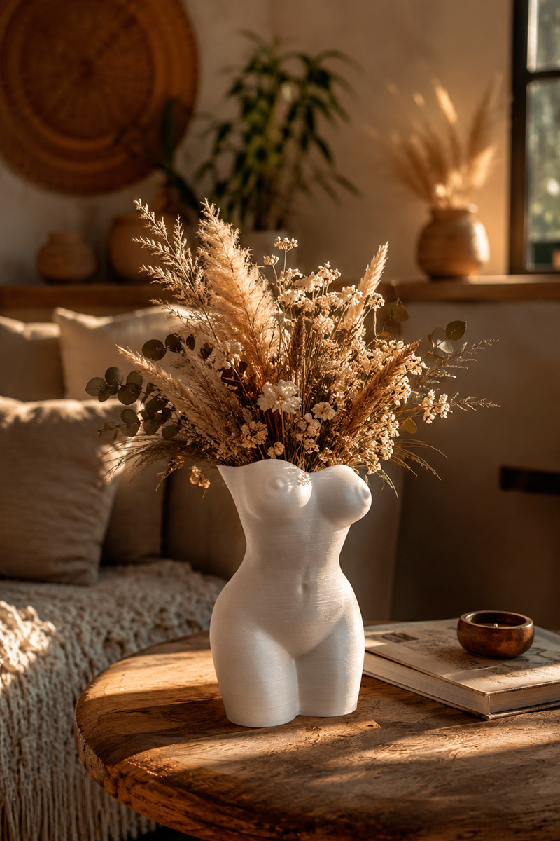 White female torso sculptural vase filled with dried flowers, displayed on a rustic wooden table in a warm boho-inspired interior with soft natural light.