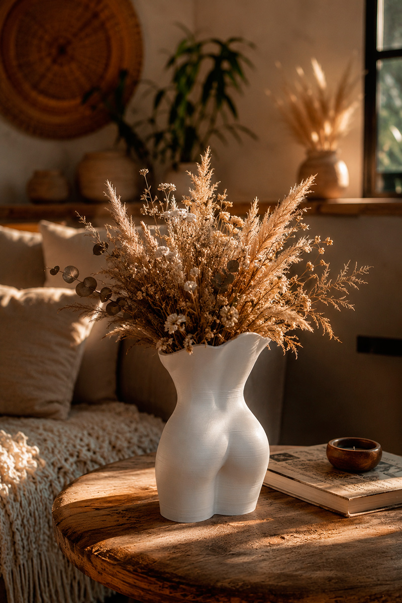 Rear view of a white female torso sculptural vase with dried botanical arrangement, styled in a cozy boho living room with warm afternoon sunlight.