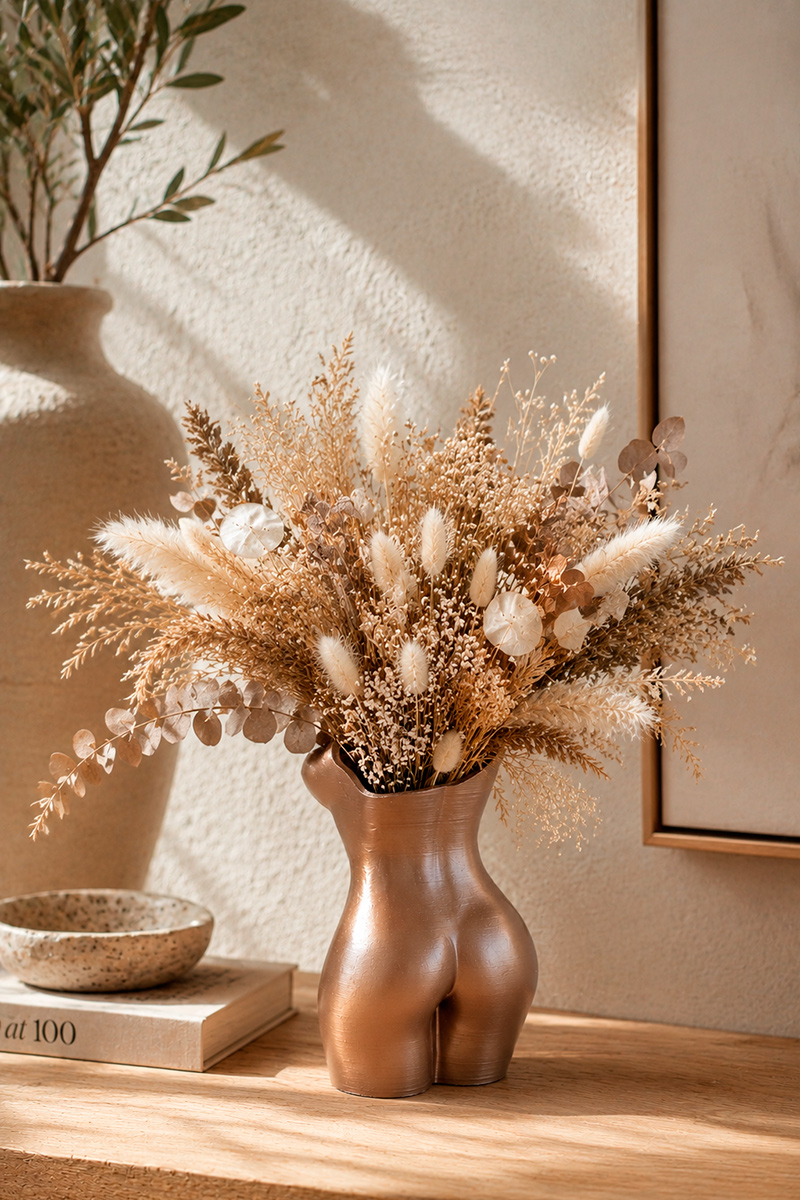 Bronze female torso sculptural vase with dried flowers displayed on a wooden cabinet in a contemporary interior, highlighting the sculptural back view and organic silhouette.