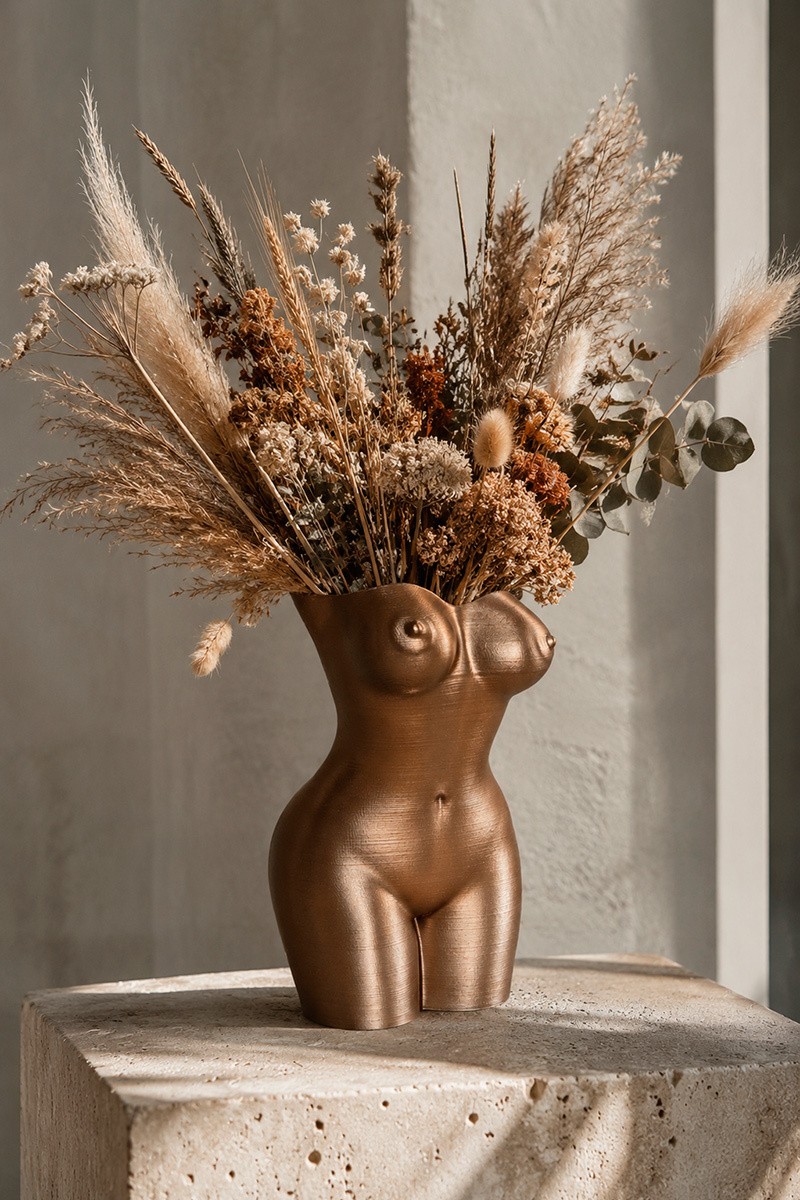 Bronze female torso sculptural vase filled with dried botanical arrangement, displayed on a stone pedestal in a minimalist contemporary interior with warm natural light.