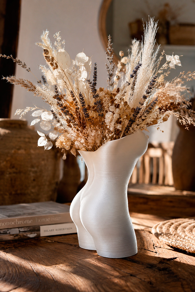 White female body sculptural vase viewed from the side, filled with dried flowers and displayed in a warm contemporary interior with natural textures.