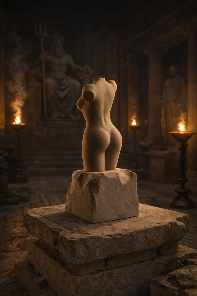 female torso sculpture antique temple dramatic light classical atmosphere