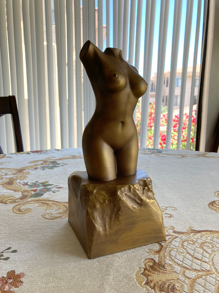 3D Printed Female Torso Sculpture, Bronze Imitation.