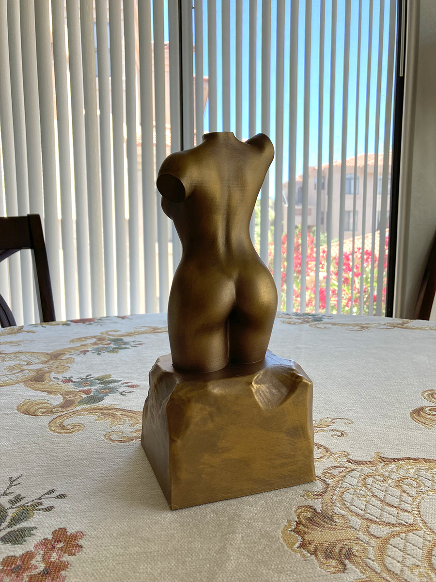 3D Printed Female Torso Sculpture, Bronze Imitation.