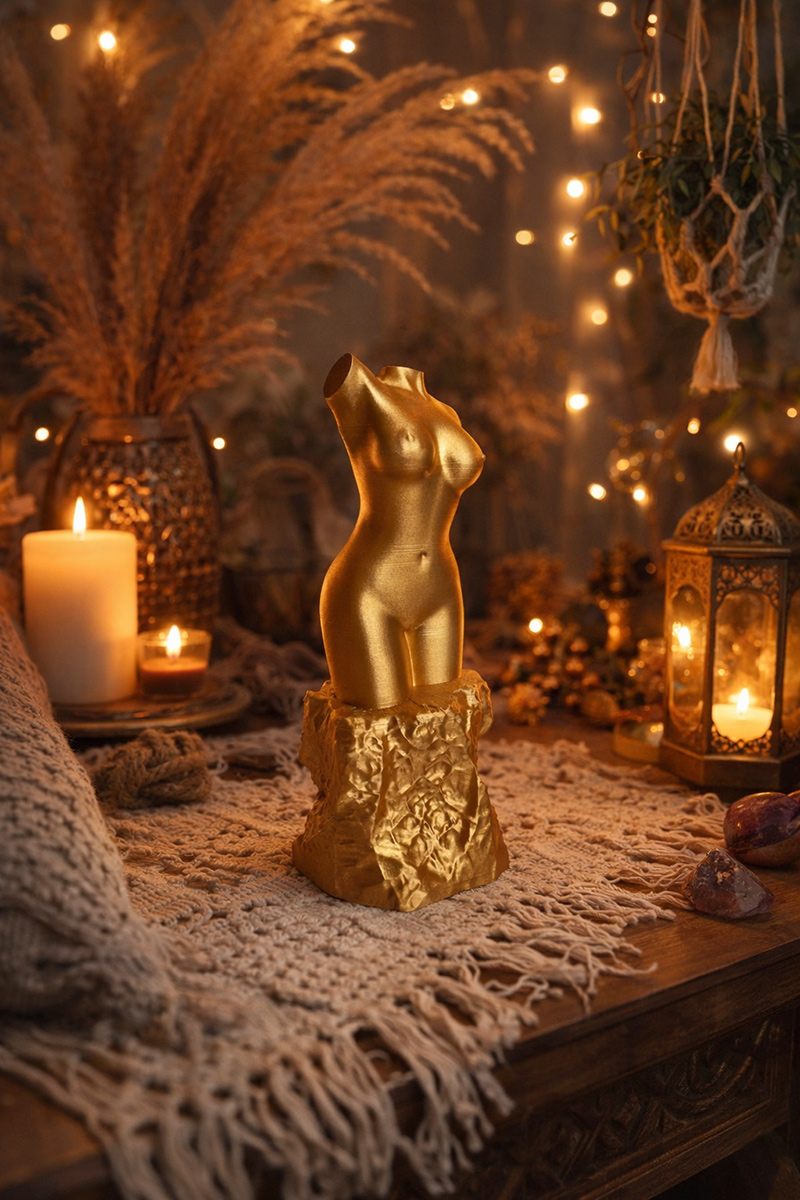 gold female torso sculpture cozy interior warm light decorative object