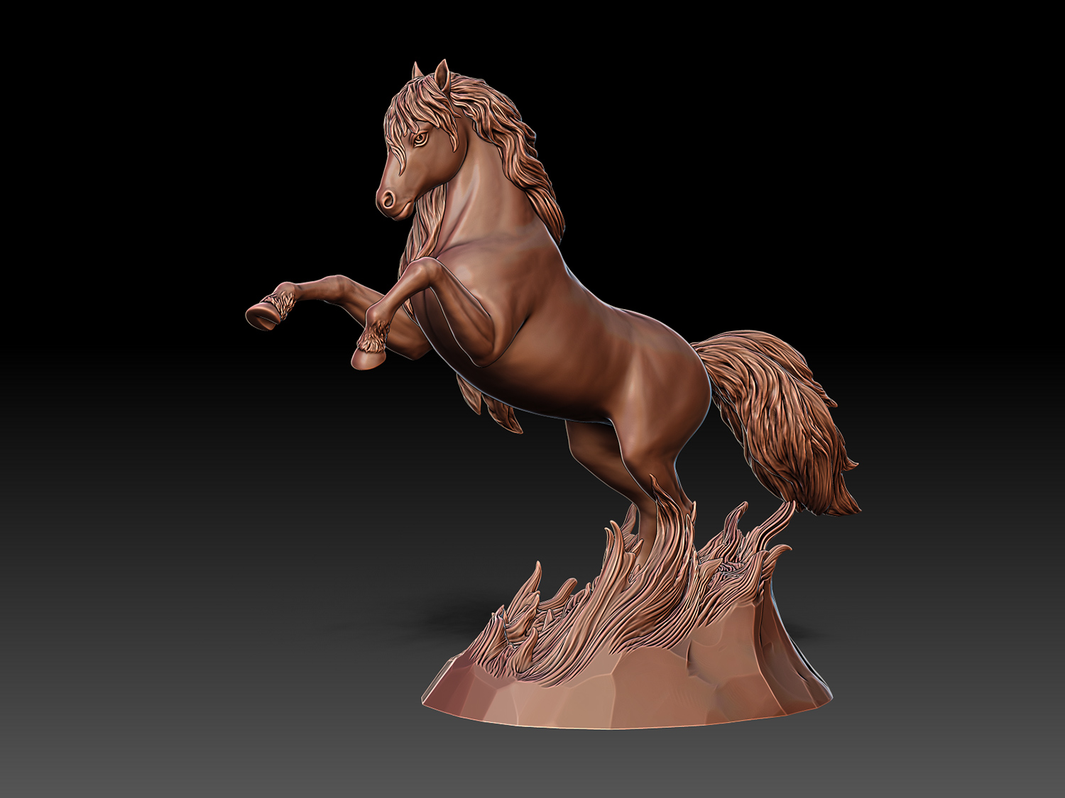 Rearing horse sculpture, dynamic digital model with flowing mane and expressive base, captured in a moment of upward motion