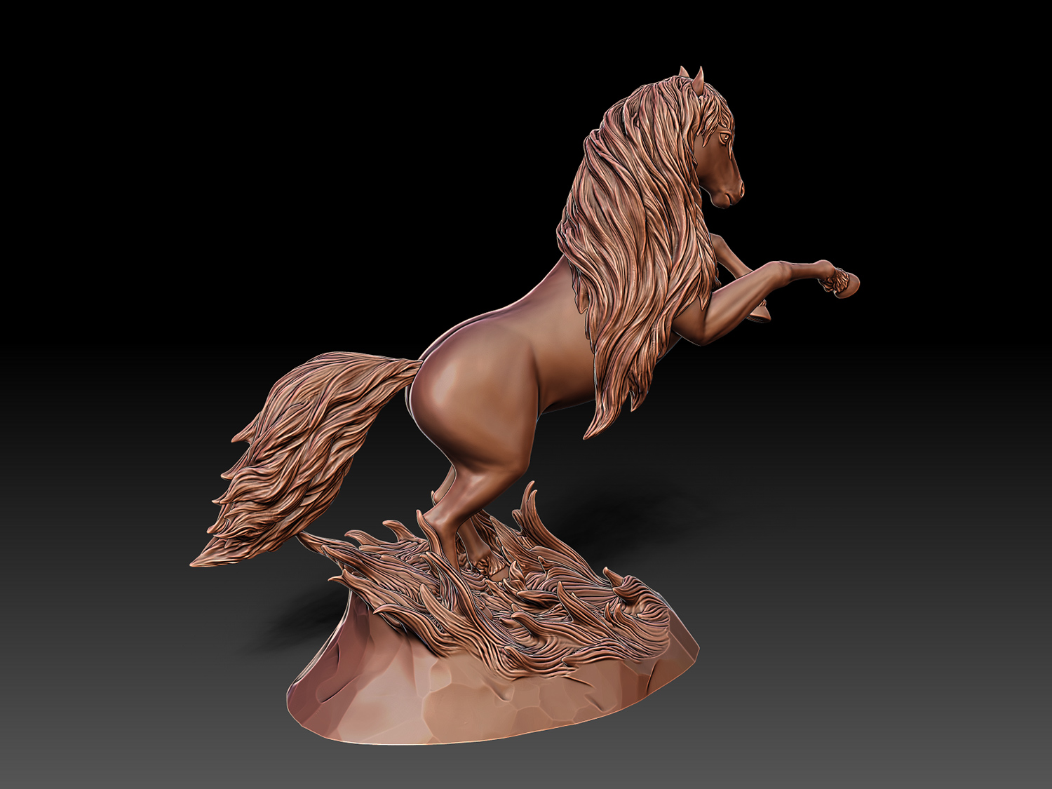 Digital sculpture of a rearing horse viewed from the back, emphasizing muscular form, movement, and sculpted flowing mane