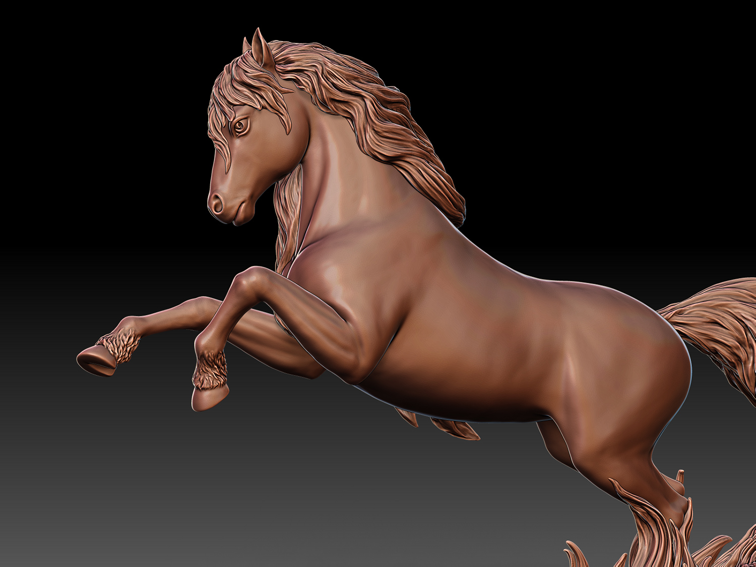 Mid-detail view of a rearing horse digital sculpture showing refined anatomy and balanced upward movement