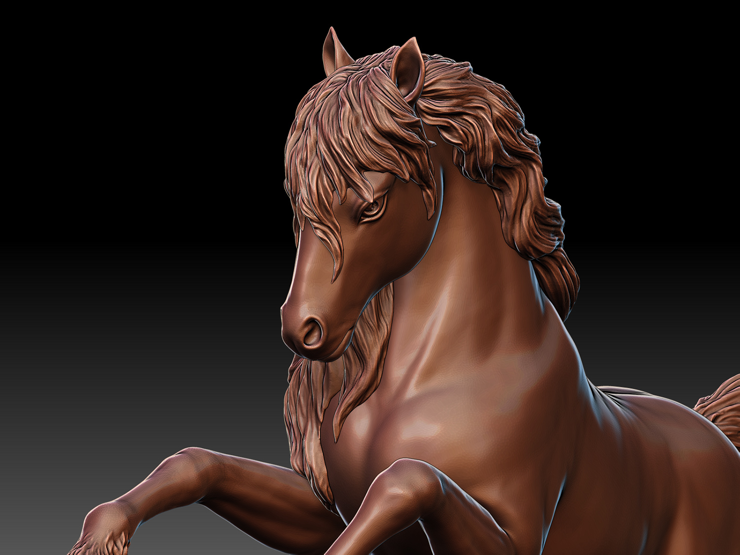 Detailed view of a horse sculpture head with expressive eyes and carefully sculpted hair flow