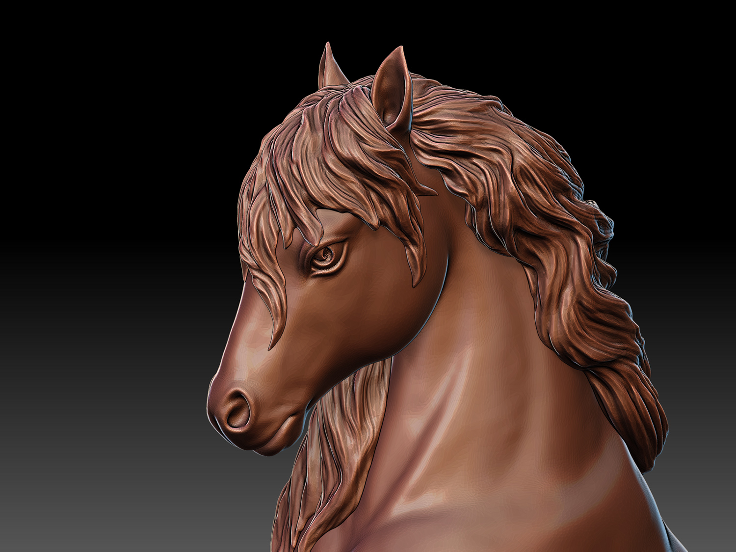 Close-up of a rearing horse digital model emphasizing facial expression, form, and sculptural surface detail
