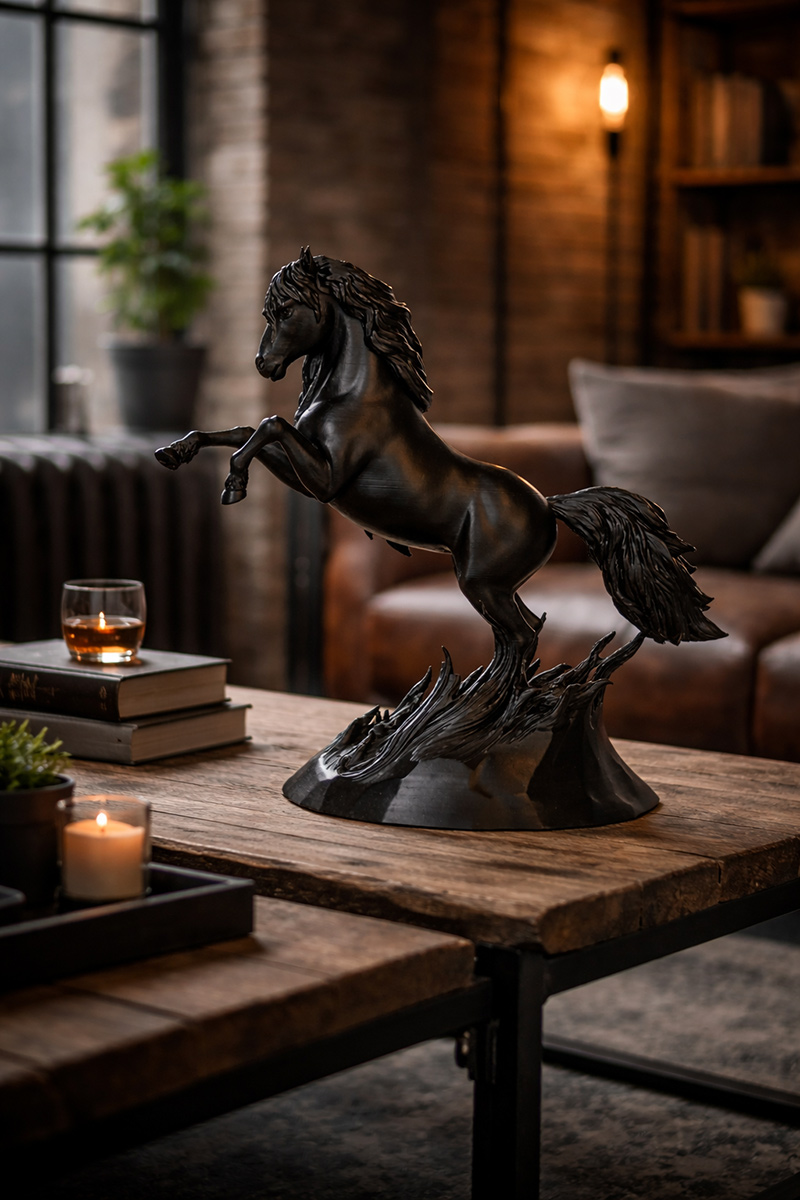 Black horse sculpture in modern loft interior with warm lighting and wooden table decor