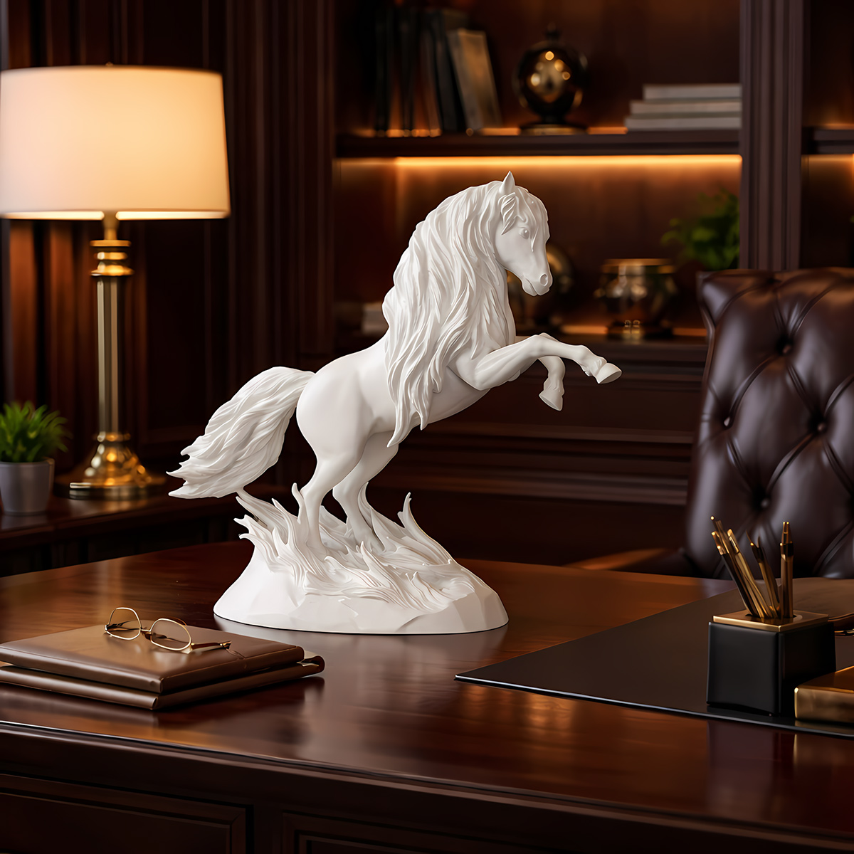 White horse sculpture on executive desk in classic office interior with wood and leather elements